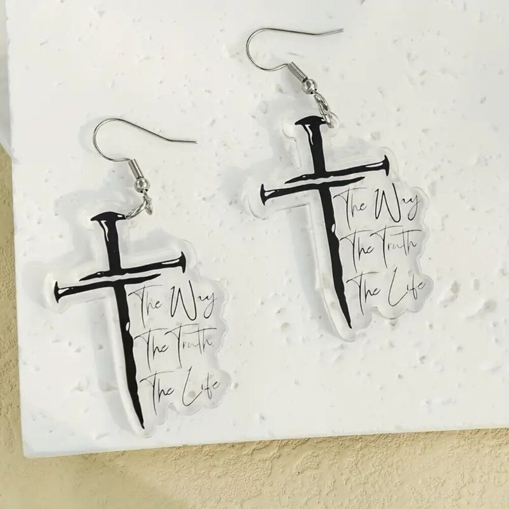 Unique Punk Cross Dangle Earrings w/Quote "The Way, The Truth The Life"